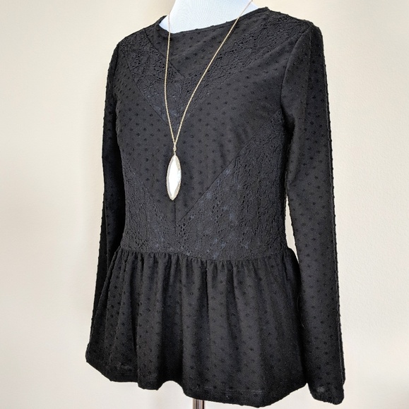 Tops - Black Lace Peplum Long Sleeved Blouse